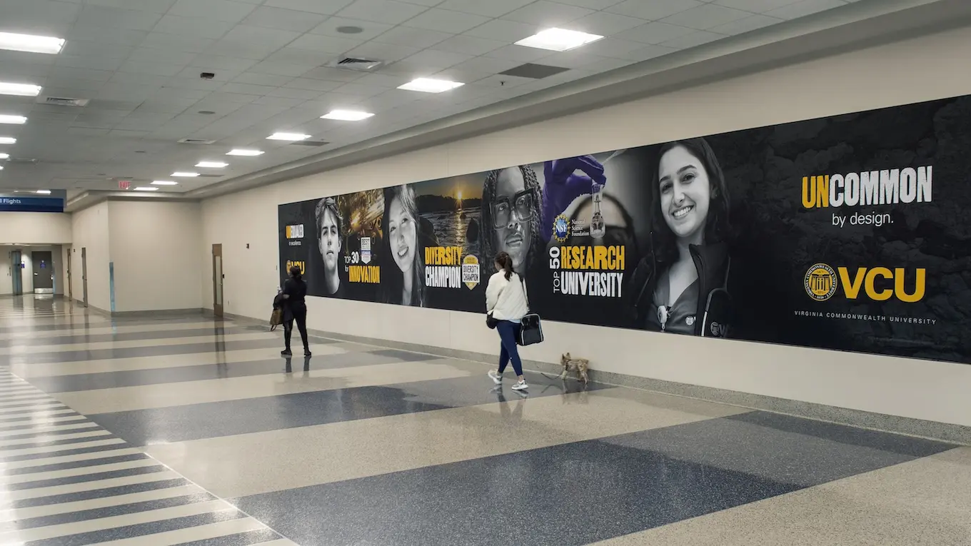 VCU branding welcomes visitors at Richmond International Airport.