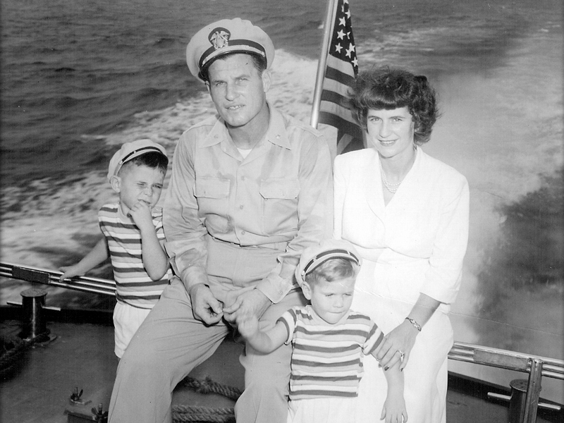 Mary with her husband, Lt. Cmdr. John Hostinsky, and their two sons, John Jr. (left) and Ron (right), circa 1948