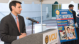 VCU President Michael Rao speaking at event to celebrate VCU Medical Center's ranking as No. 1 hospital in Virginia