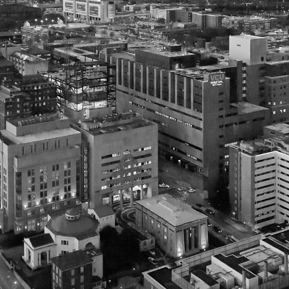 Nighttime aerial view of VCU Medical Center