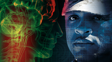 Soldier next to illustration of brain