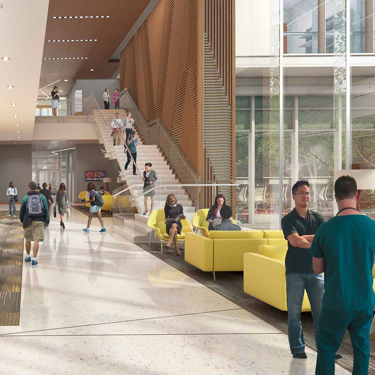 Architectural rendering depicting people moving through the interior of the School of Allied Health Professions building
