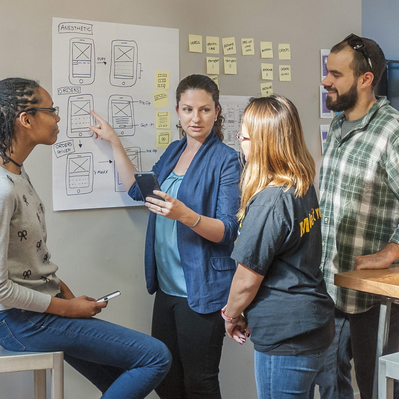 Coffee Bourne points to sketches of the app interface while discussing plans with three individuals