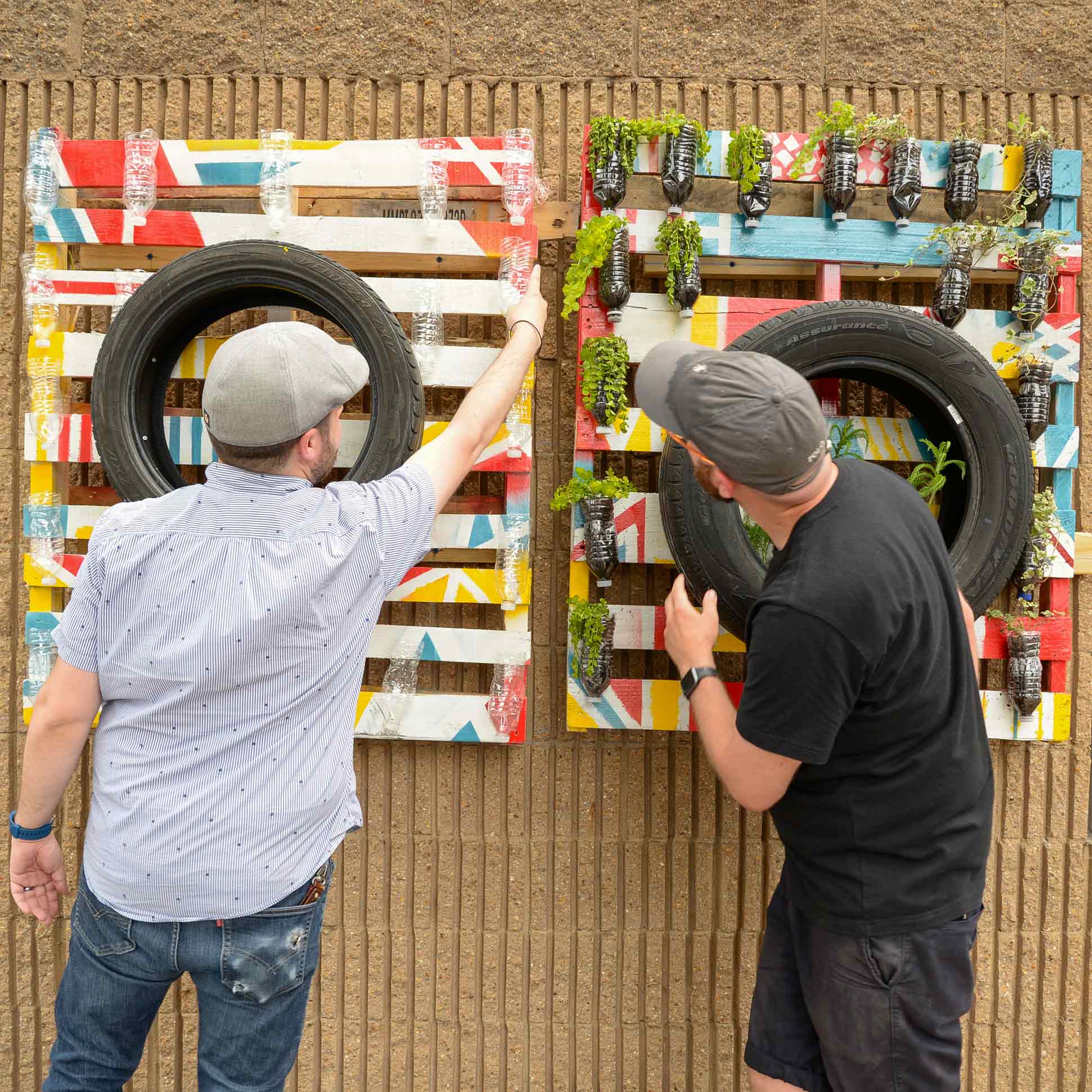 Two students work on installing green walls made out of repurposed wood pallets and tires.