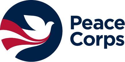 The Peace Corps logo over a directional sign reading Peace Corps.