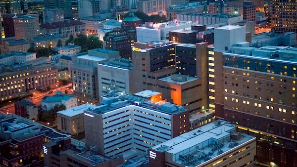 VCU Health’s MCV campus photographed during the night