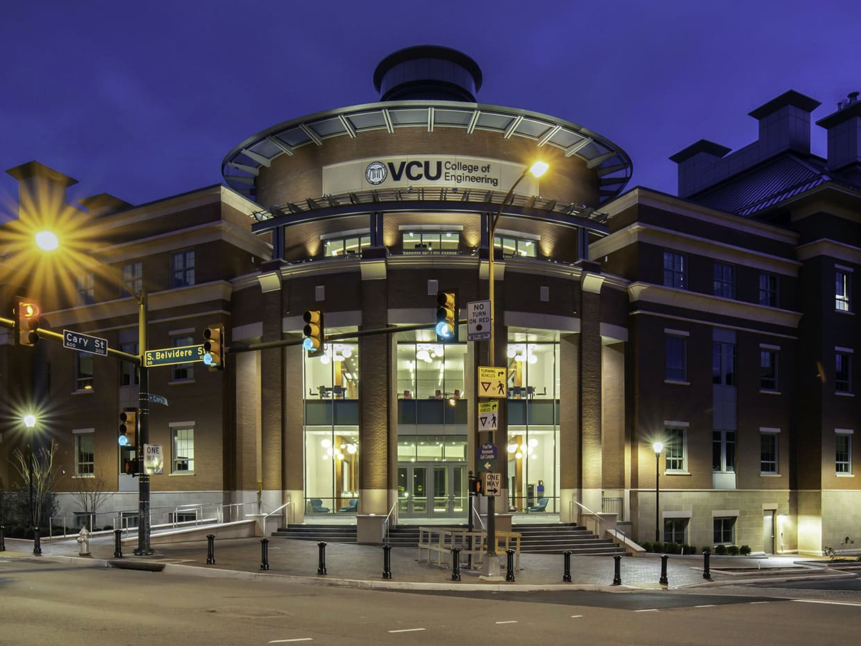 Nightscape of VCU engineering research building.