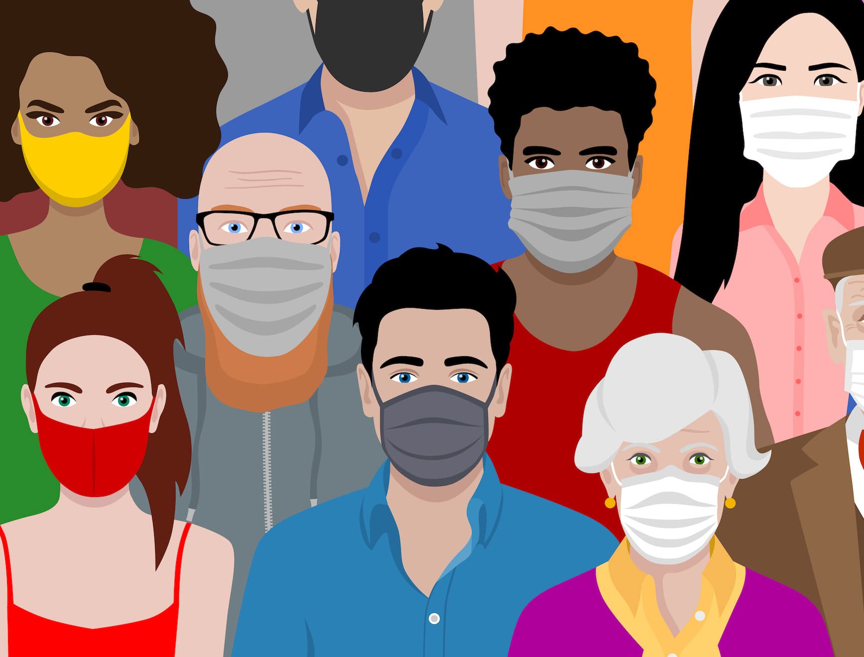 Colorful illustration of multiracial people wearing masks.
